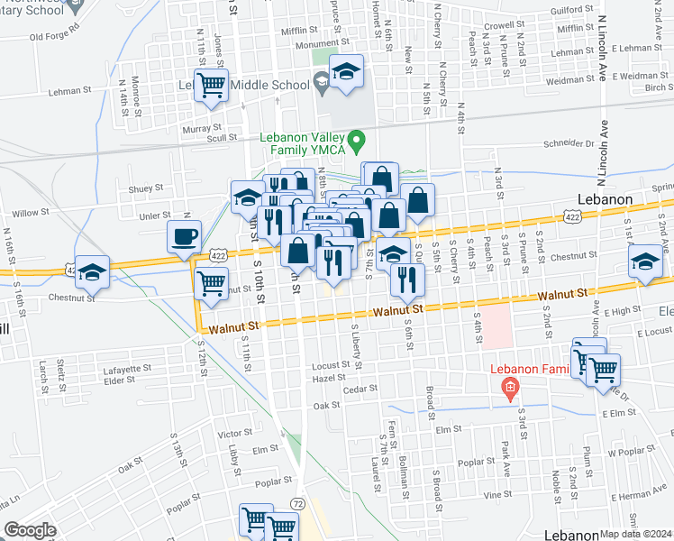 map of restaurants, bars, coffee shops, grocery stores, and more near 38 South 8th Street in Lebanon
