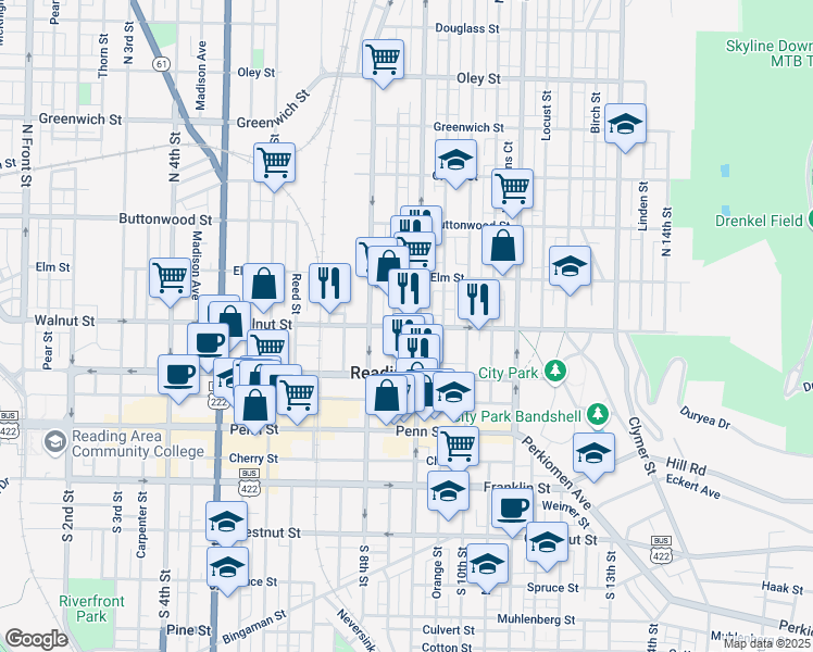 map of restaurants, bars, coffee shops, grocery stores, and more near 831 Walnut Street in Reading