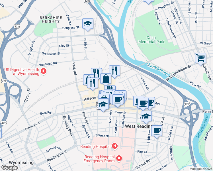 map of restaurants, bars, coffee shops, grocery stores, and more near 739 Reading Ave in West Reading