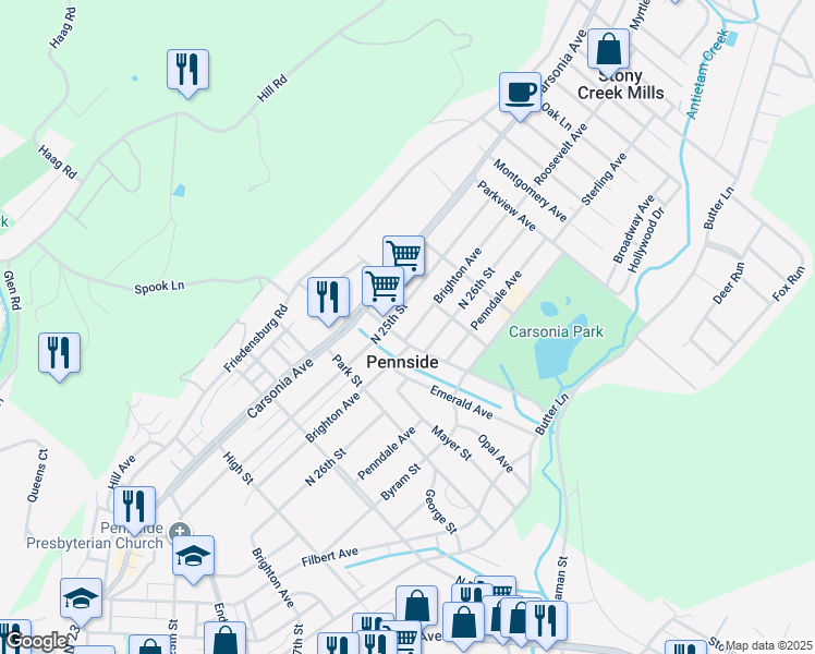 map of restaurants, bars, coffee shops, grocery stores, and more near in Pennside