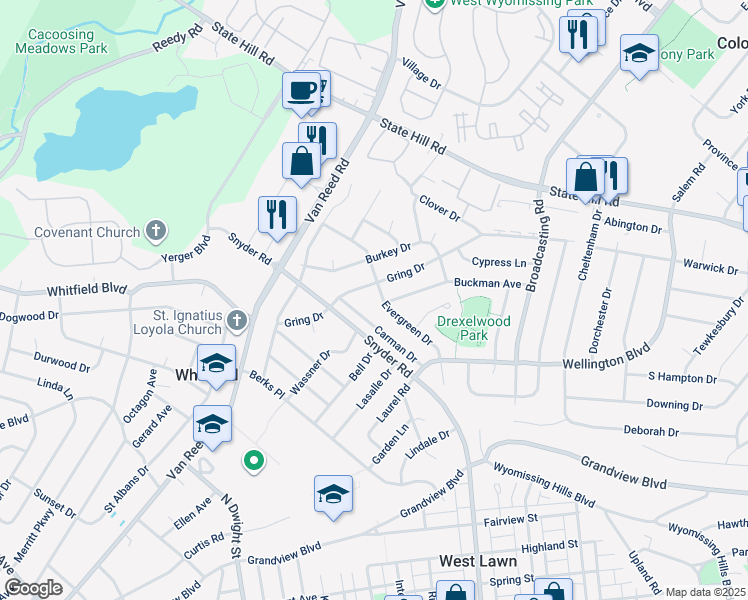 map of restaurants, bars, coffee shops, grocery stores, and more near 824 Evergreen Drive in Wyomissing