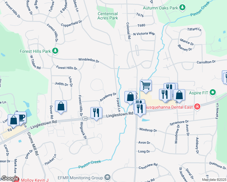 map of restaurants, bars, coffee shops, grocery stores, and more near 4240 Academy Dr in Harrisburg