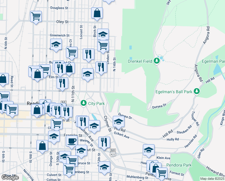 map of restaurants, bars, coffee shops, grocery stores, and more near 1361 Walnut Street in Reading
