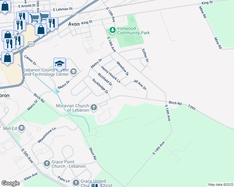 map of restaurants, bars, coffee shops, grocery stores, and more near 1250 Birch Road in Lebanon