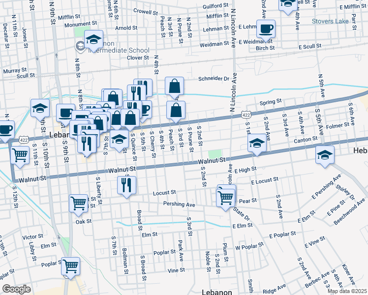 map of restaurants, bars, coffee shops, grocery stores, and more near 240 Chestnut Street in Lebanon