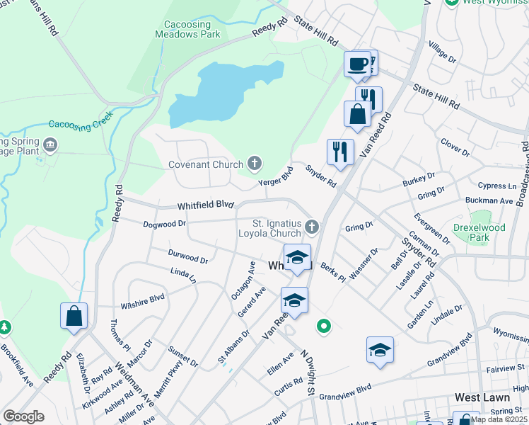 map of restaurants, bars, coffee shops, grocery stores, and more near 1202 Dogwood Drive in Reading