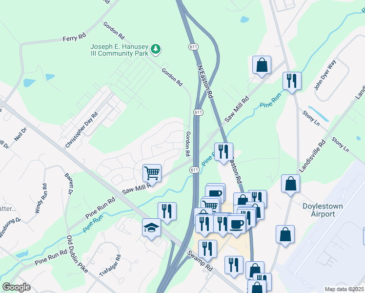 map of restaurants, bars, coffee shops, grocery stores, and more near 5501 Rinker Circle in Doylestown