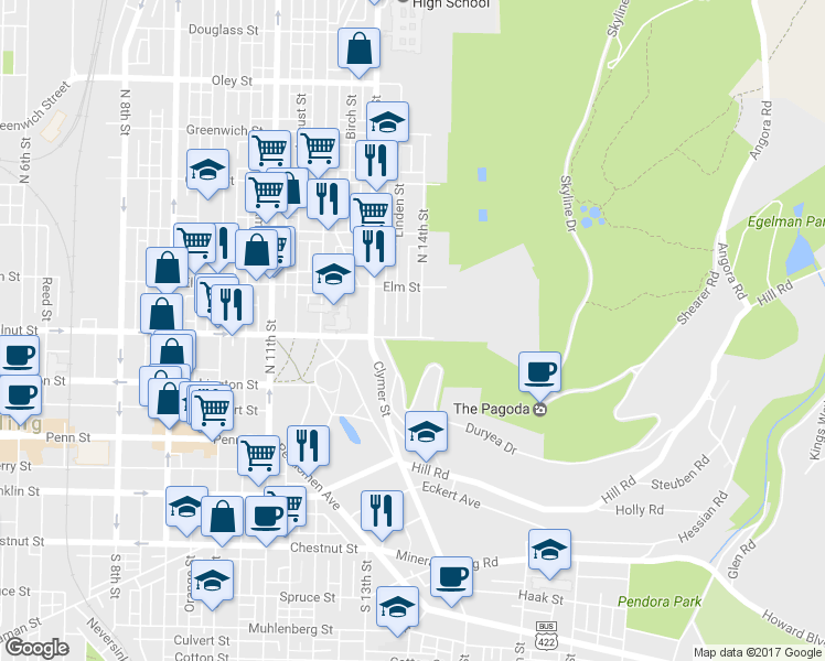 map of restaurants, bars, coffee shops, grocery stores, and more near 1355 Walnut Street in Reading