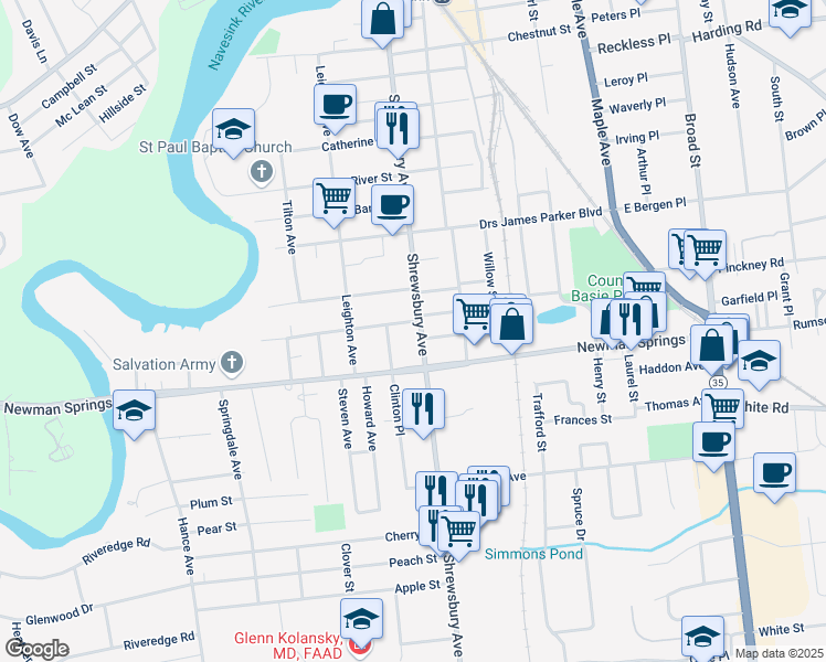 map of restaurants, bars, coffee shops, grocery stores, and more near 15 Clinton Place in Red Bank
