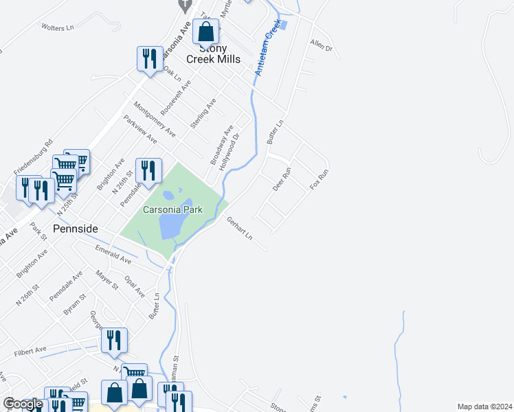 map of restaurants, bars, coffee shops, grocery stores, and more near 1049 Deer Run in Reading