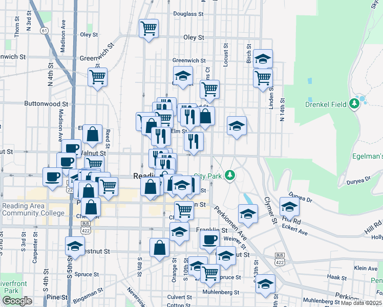 map of restaurants, bars, coffee shops, grocery stores, and more near 143 North 10th Street in Reading