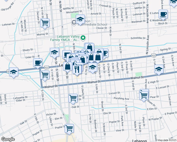 map of restaurants, bars, coffee shops, grocery stores, and more near 626 Chestnut Street in Lebanon