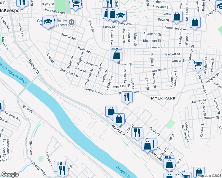 map of restaurants, bars, coffee shops, grocery stores, and more near 2317 Riverview Street in McKeesport