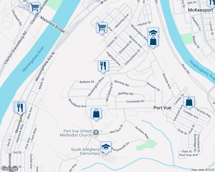 map of restaurants, bars, coffee shops, grocery stores, and more near 1211 McClelland Drive in McKeesport