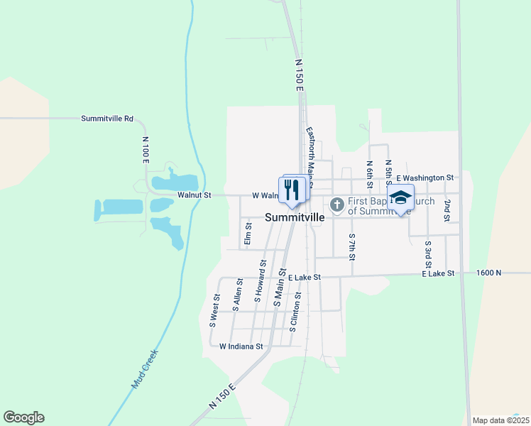 map of restaurants, bars, coffee shops, grocery stores, and more near 1121 West Mill Street in Summitville