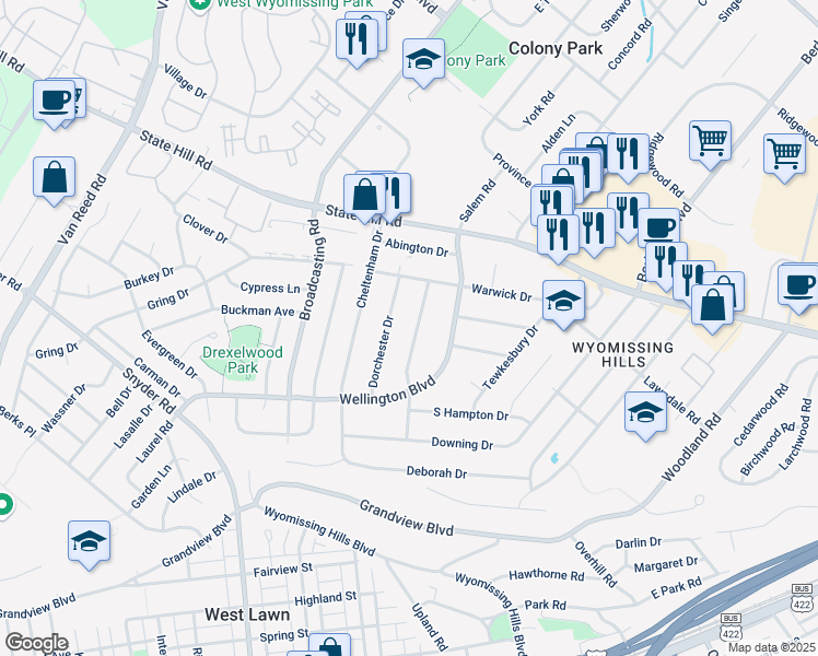 map of restaurants, bars, coffee shops, grocery stores, and more near 35 Dorchester Drive in Reading