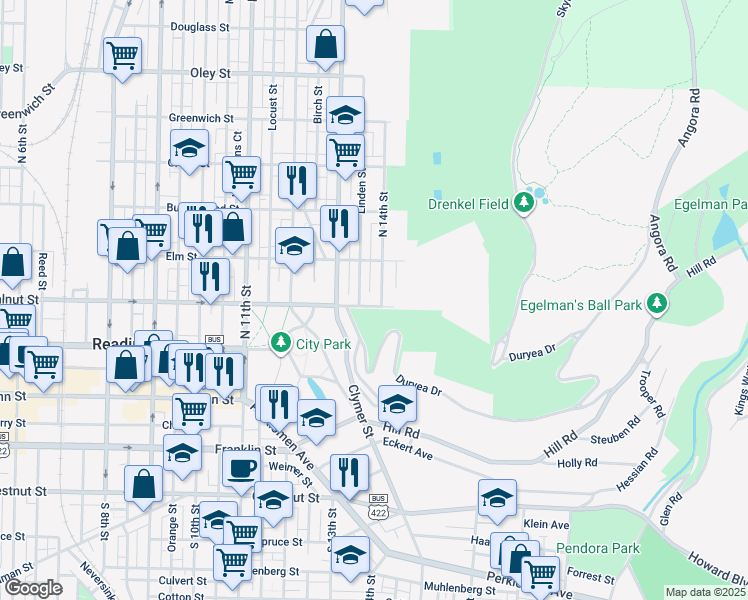 map of restaurants, bars, coffee shops, grocery stores, and more near 1355 Walnut Street in Reading