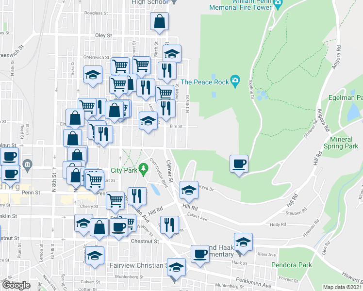map of restaurants, bars, coffee shops, grocery stores, and more near 1351 Walnut Street in Reading