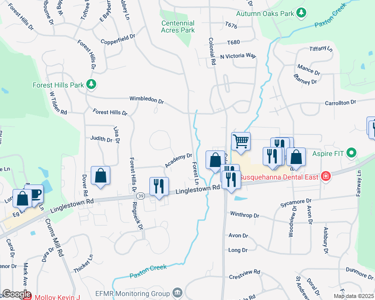 map of restaurants, bars, coffee shops, grocery stores, and more near 4240 Academy Dr in Harrisburg