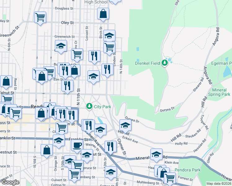 map of restaurants, bars, coffee shops, grocery stores, and more near 1361 Walnut Street in Reading