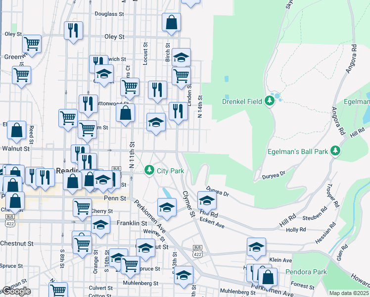 map of restaurants, bars, coffee shops, grocery stores, and more near 1305 Walnut Street in Reading