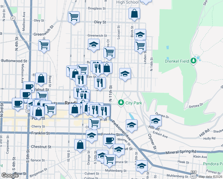 map of restaurants, bars, coffee shops, grocery stores, and more near 140 North 11th Street in Reading