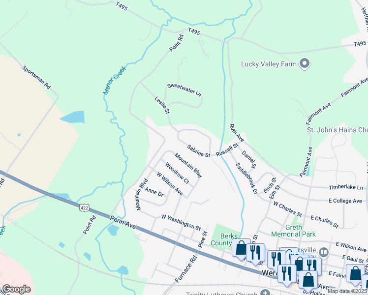 map of restaurants, bars, coffee shops, grocery stores, and more near 424 Mountain Boulevard in Wernersville