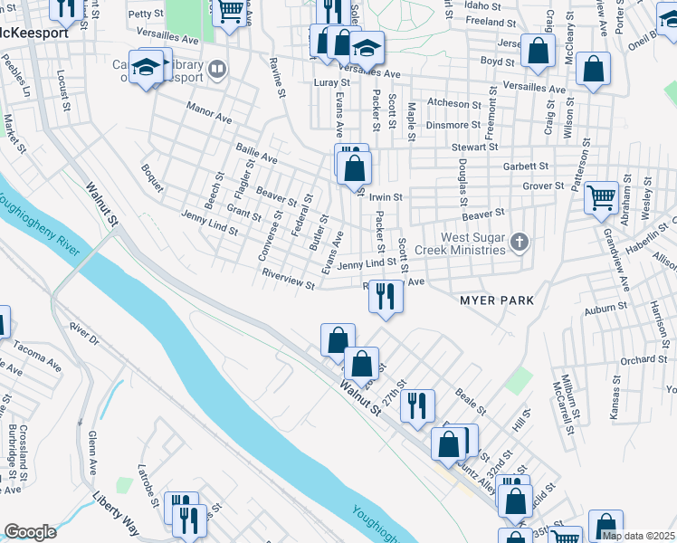 map of restaurants, bars, coffee shops, grocery stores, and more near 2317 Riverview Street in McKeesport