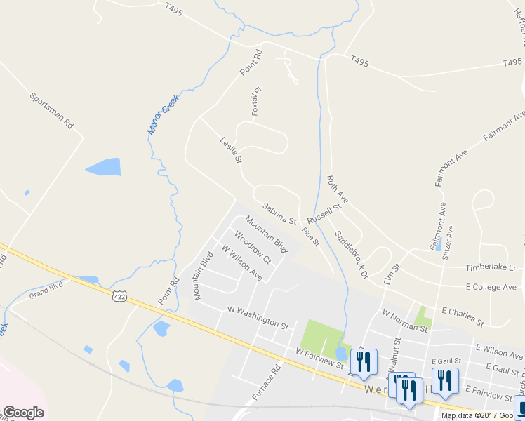 map of restaurants, bars, coffee shops, grocery stores, and more near 30 Sabrina Street in Wernersville