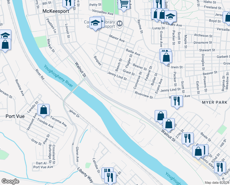 map of restaurants, bars, coffee shops, grocery stores, and more near 2016 Flagler Street in McKeesport