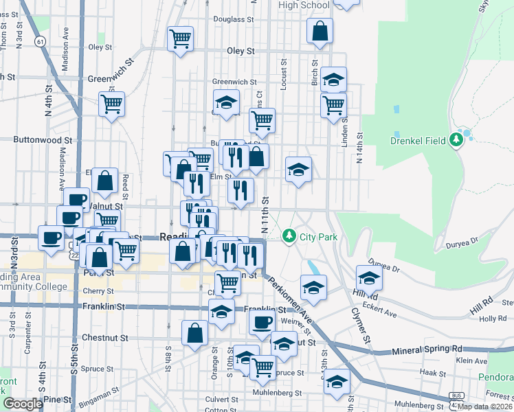 map of restaurants, bars, coffee shops, grocery stores, and more near 1039 Walnut Street in Reading