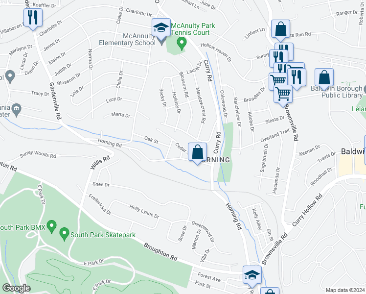 map of restaurants, bars, coffee shops, grocery stores, and more near 264 Cedar Street in Pittsburgh