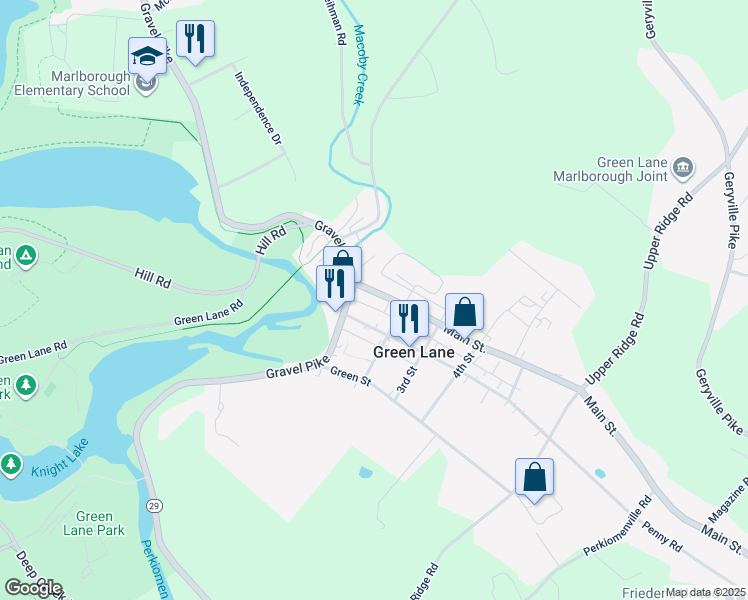 map of restaurants, bars, coffee shops, grocery stores, and more near 116 Main Street in Green Lane
