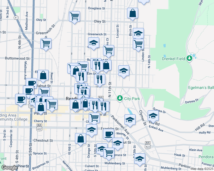 map of restaurants, bars, coffee shops, grocery stores, and more near 1041 Walnut Street in Reading