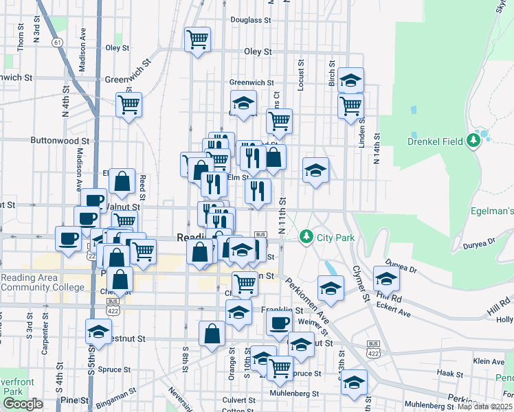 map of restaurants, bars, coffee shops, grocery stores, and more near 1009 Walnut Street in Reading