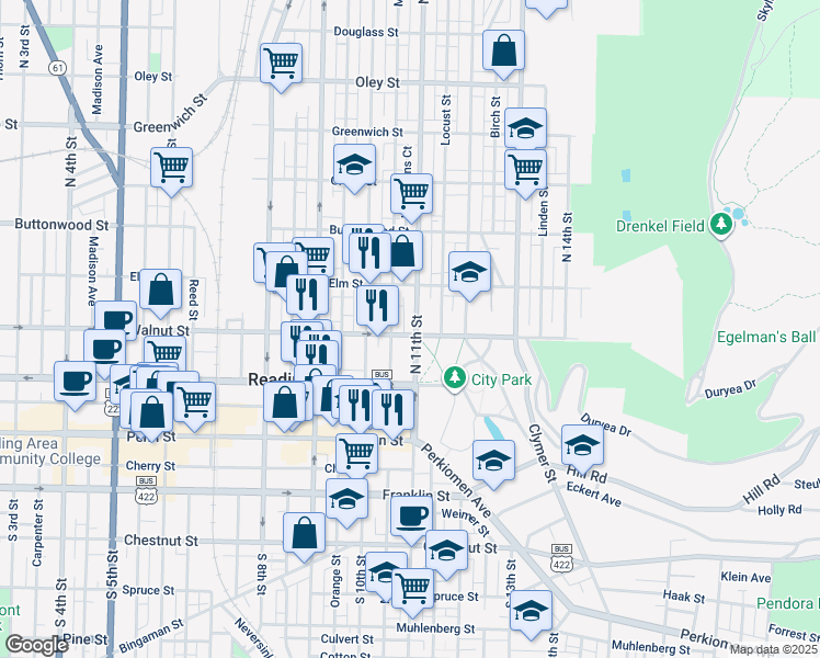 map of restaurants, bars, coffee shops, grocery stores, and more near 140 North 11th Street in Reading
