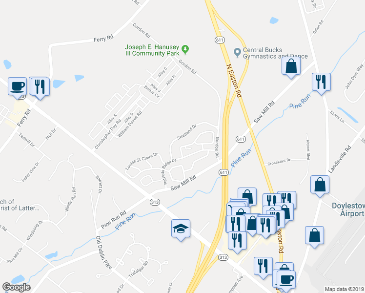 map of restaurants, bars, coffee shops, grocery stores, and more near 5495 Rinker Circle in Doylestown