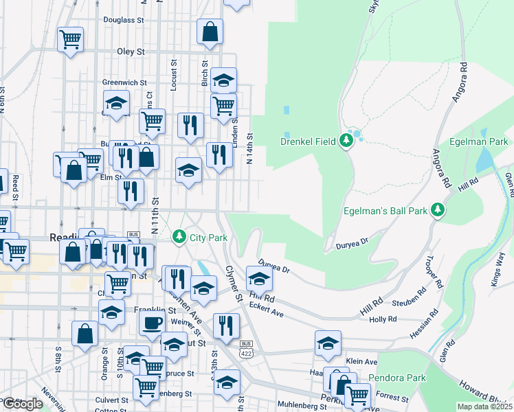 map of restaurants, bars, coffee shops, grocery stores, and more near 1401 Walnut Street in Reading