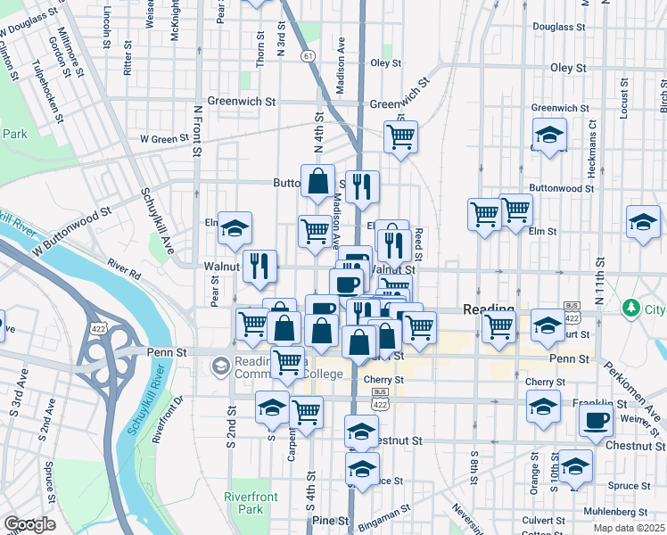 map of restaurants, bars, coffee shops, grocery stores, and more near 417 Walnut Street in Reading