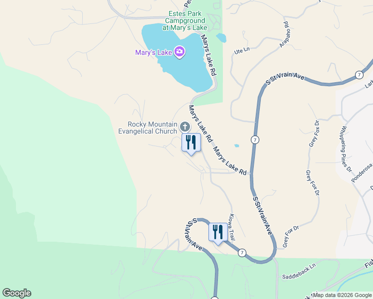 map of restaurants, bars, coffee shops, grocery stores, and more near 2625 Marys Lake Road in Estes Park