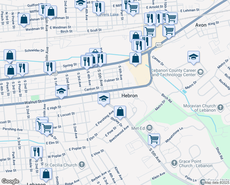 map of restaurants, bars, coffee shops, grocery stores, and more near 509 East High Street in Lebanon