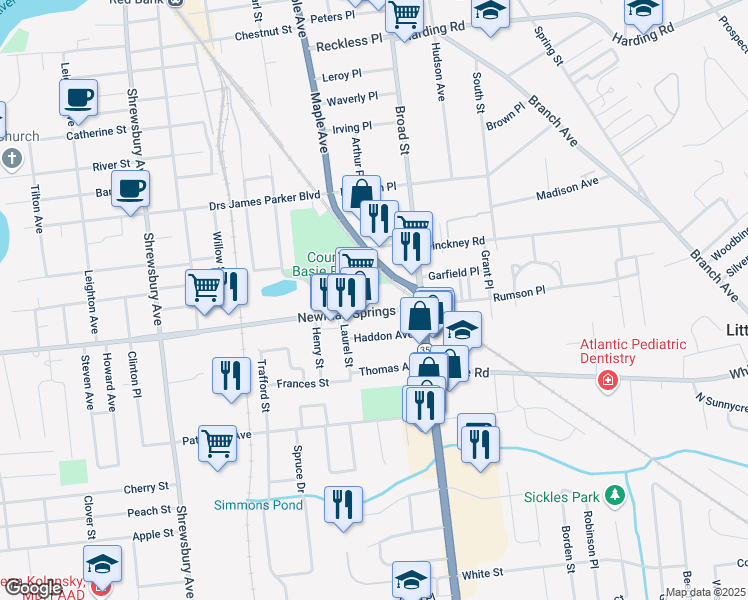 map of restaurants, bars, coffee shops, grocery stores, and more near 46 Newman Springs Road in Red Bank