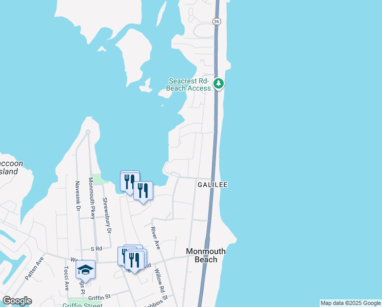 map of restaurants, bars, coffee shops, grocery stores, and more near 74 Seaview Avenue in Monmouth Beach