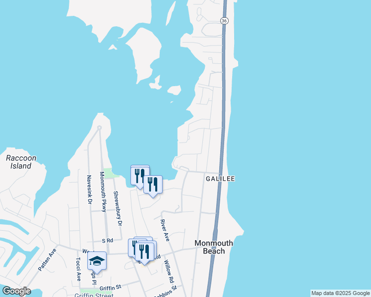 map of restaurants, bars, coffee shops, grocery stores, and more near 162 Wharfside Drive in Monmouth Beach