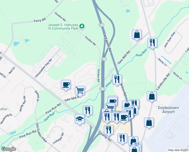 map of restaurants, bars, coffee shops, grocery stores, and more near 5501 Rinker Circle in Doylestown