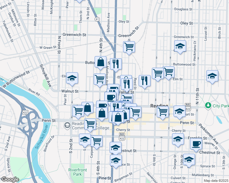 map of restaurants, bars, coffee shops, grocery stores, and more near 147 North 5th Street in Reading