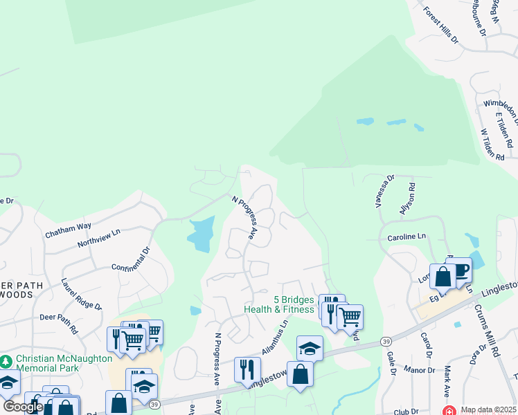 map of restaurants, bars, coffee shops, grocery stores, and more near 25100 Saddle Ridge Drive in Harrisburg