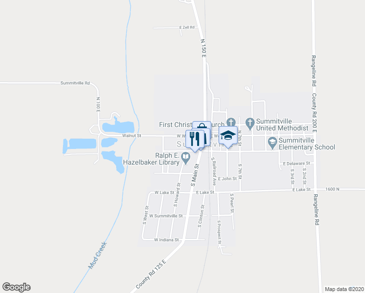 map of restaurants, bars, coffee shops, grocery stores, and more near 1121 West Mill Street in Summitville