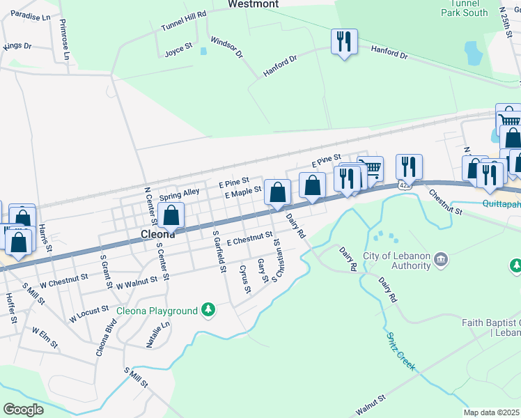 map of restaurants, bars, coffee shops, grocery stores, and more near 335 East Penn Avenue in Cleona