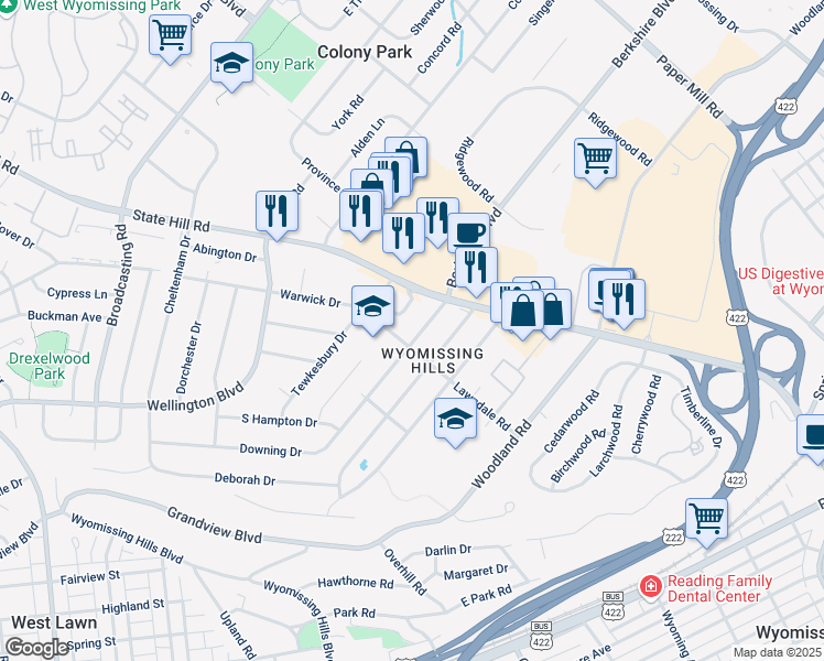 map of restaurants, bars, coffee shops, grocery stores, and more near 36 Lawndale Road in Reading